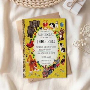Vintage Golden Book Baby Shower Invitation, Baby’s First library sign,  Editable Template (Canva)