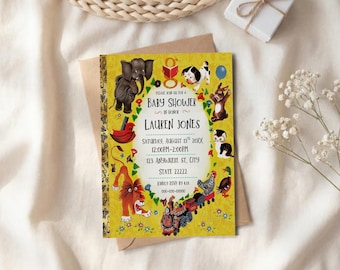 Vintage gouden boek babyshoweruitnodiging, baby's eerste bibliotheekbord, bewerkbare sjabloon (canva)
