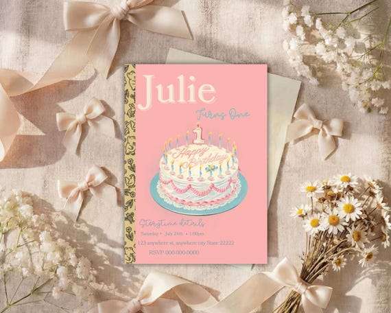 Pink Little Golden Book Birthday Invitation, Grandmillenial birthday, Editable Canva Template