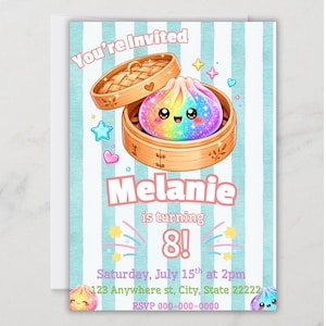 Puede incluir: Una tarjeta de invitación de cumpleaños con una bola de masa arcoíris sonriente dentro de una vaporera de bambú. El texto dice: You're Invited, Melanie is turning 8!, Saturday, July 15th at 2pm, 123 Anywhere st, City, State 22222, RSVP 000-000-0000.