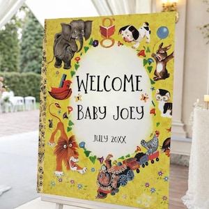 Little Golden Book Baby Shower Welcome Sign: Editable Canva Template, a new chapter begins soon baby shower sign image 1