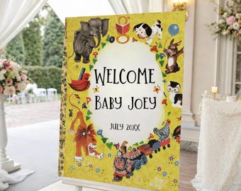 Little Golden Book-Babyparty-Willkommensschild: Bearbeitbare Canva-Vorlage, ein neues Kapitel beginnt bald mit der Babyparty