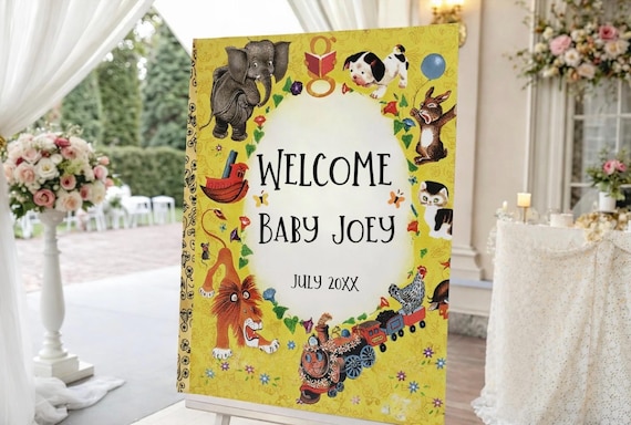 Little Golden Book Baby Shower Welcome Sign: Editable Canva Template, a new chapter begins soon baby shower sign
