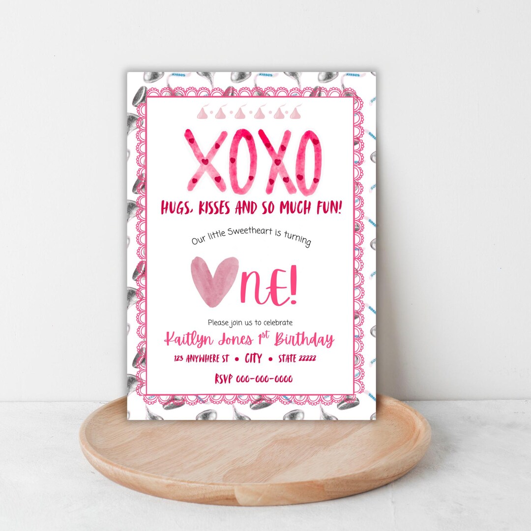 Hug Invitation Hugs Kisses 1st Birthday Invitation, Sweetheart Theme (digital Download ...