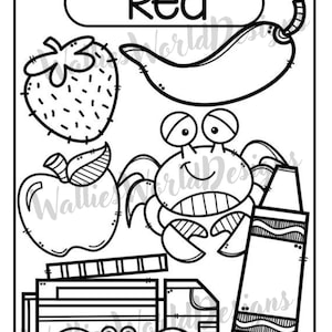 May include: Black and white line drawing of objects associated with the color red. Includes a strawberry, chili pepper, apple, crab, crayon, and a fire truck. The word "Red" is written at the top.
