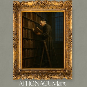 May include: A framed painting depicts a man in a dark robe reading in a library. The painting is set in a gold ornate frame. Bookshelves line the walls, and the man stands on a wooden ladder. The painting is signed "ATHENAEUMart".