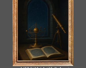 Pintura al óleo imprimible de estudio astronómico de Dark Academia