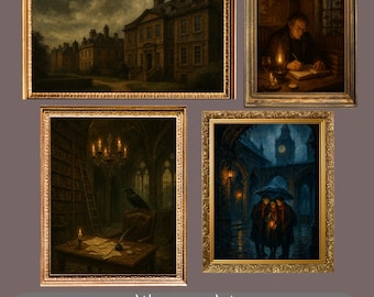 May include: Four framed art prints with gold ornate frames. The prints depict scenes of a building, a person writing, a library with a raven, and a rainy street scene. The text at the bottom reads "AthenaeumArt" and "A bundle of 20 premium Dark academia Prints."