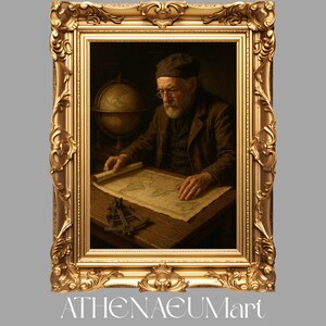May include: A framed painting of an elderly man with a beard, wearing glasses and a dark cap, studying a map. A globe and navigational tools are on the wooden table. The ornate gold frame surrounds the artwork. The text "ATHENAEUMart" is at the bottom.