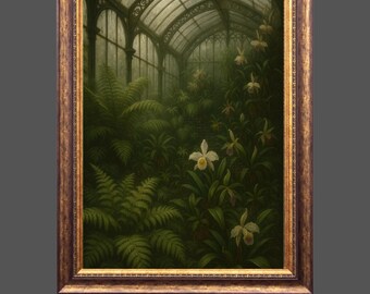 Botanisk oljemålning av Dark Academia, utskrivbar viktoriansk vinterträdgård, orkidéer och ormbunkar