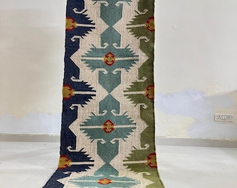 Alfombra Kilim tejida a mano - Alfombra vintage para escaleras, alfombra de yute para pasillos, entradas y cocinas con diseño geométrico.