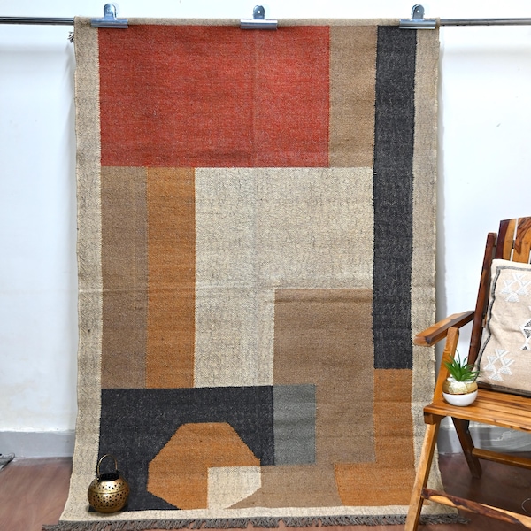 Handwoven Jute Kilim Rug - Handmade Wool Vintage Tribal Flatweave Dhurrie Bohemian Geometric Abstract Rugs, Traditional Indian jute Area rug