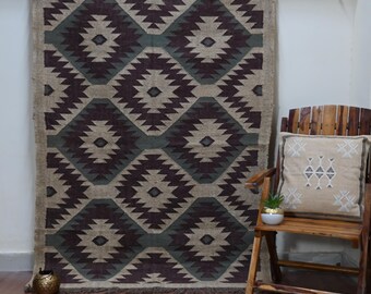 Alfombra Kilim de yute y lana hecha a mano: Alfombra Dhurrie india vintage