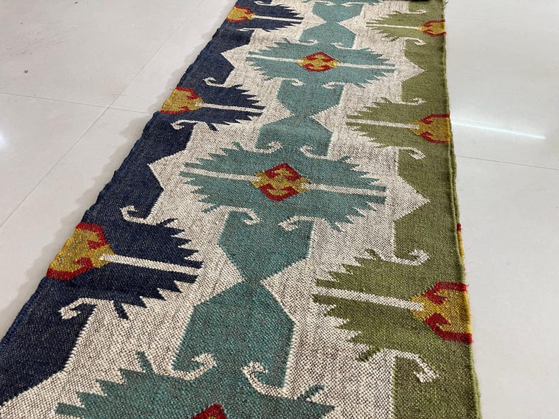 Handwoven Kilim runner Rug - Vintage Handmade Wool Jute Boho Rug Rustic Hallway Runner for Living Room Corridor Carpet Modern Kilim Runner image 3