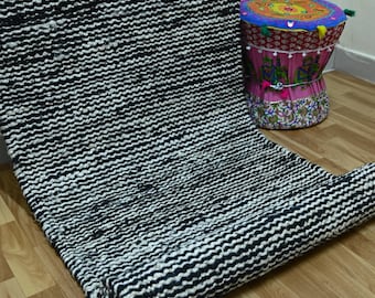 Alfombra de yute hecha a mano, rayas blancas y negras, alfombra de cocina, alfombra de decoración bohemia para el hogar, alfombra india tejida a mano.