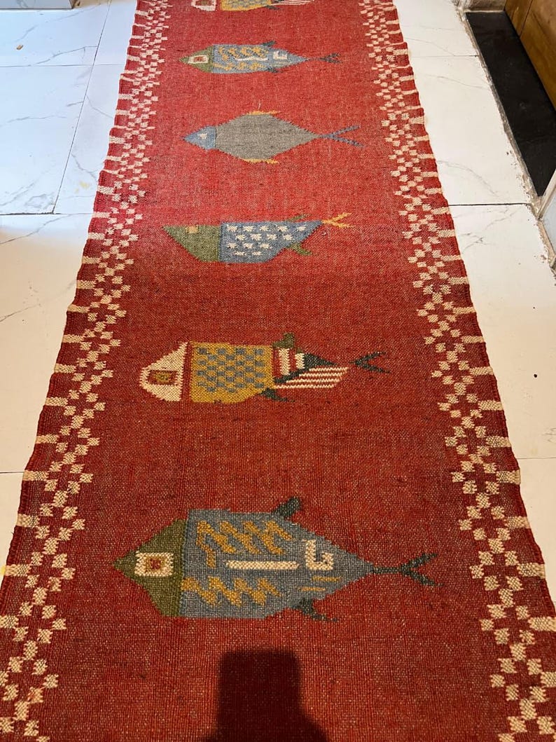 Stair Runner Rug Pattern Handwoven Koi Fish Runner Rug, Handmade Wool Jute Stair Runner, Red ...