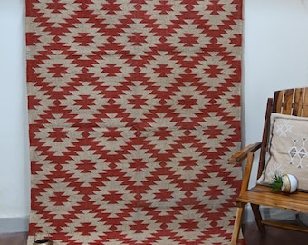Red Wool Jute Rug - Handwoven Moroccan Rug Geometric Jute Rug, Handmade Kilim Dhurrie Rug, Traditional Jute rug, Flatweave Custom Size Rug