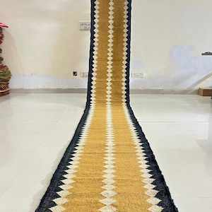Kilim Stair Runner - Vintage Yellow Handmade Boho Jute Hallway Carpet, Large Woven Bohemian Outdoor & Christmas Decor