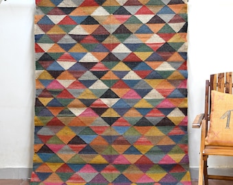Multicolor Jute Kilim Rug, Handwoven Vintage Geometric Area Rug, Boho Colorful Flatweave Rug, Tribal Wool Jute Rug Geometric Large Area Rug