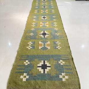 Kelim Läufer - Handgefertigter Grüner Kelim Läufer, Jute Flur & Küchen Dekor Motive Orientalische Traditionelle Geometrische Türkische Wohnkultur