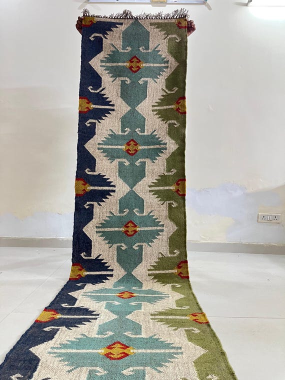 Vintage Kilim stair runner - Handmade Wool Jute Boho Rug hallway carpet Hallway Runner Coastal Subtropical Home Decor Green Stair Runner