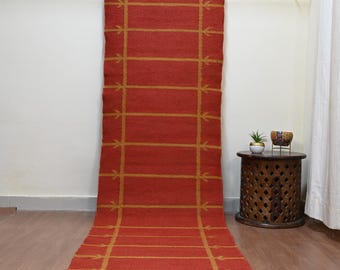 Tappeto Kilim intrecciato a mano, tappeto per scale geometrico rosso, tappeto in iuta e lana fatto a mano per corridoio, comodino, ingresso rustico sud-occidentale, cucina.
