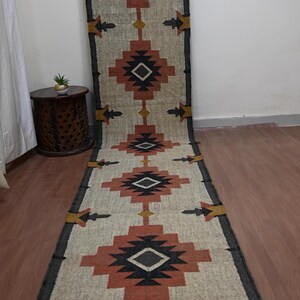 Alfombra Kilim – Alfombra geométrica tejida a mano para escaleras, alfombra de yute y lana hecha a mano para pasillo, alfombra rústica de yute para entrada o cocina estilo suroeste. imagen 10