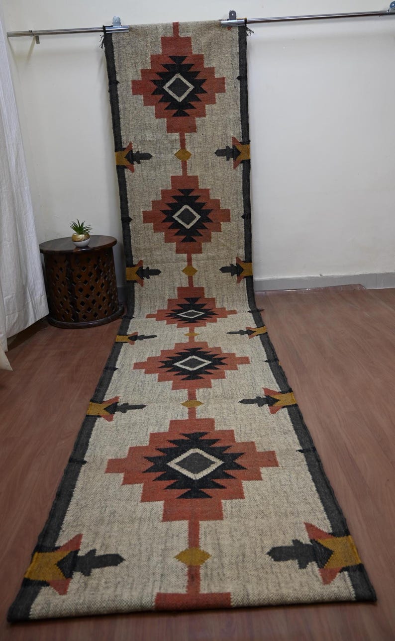 Alfombra Kilim – Alfombra geométrica tejida a mano para escaleras, alfombra de yute y lana hecha a mano para pasillo, alfombra rústica de yute para entrada o cocina estilo suroeste. imagen 10