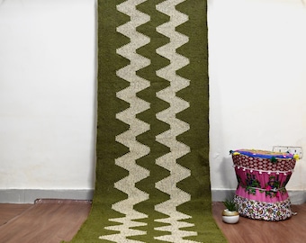 Handwoven Kilim Runner Rug - Geometric Green Base Vintage Kitchen Handmade Bohemian Woven Jute For Outdoor - Indoor Stair Hallway Entryway
