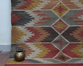 8x10 ft Large Kilim Rug - Handmade Kilim Dhurrie Rug, Oriental, Indian Traditional, Geometric, Motifs, Handwoven Wool and Jute Rug