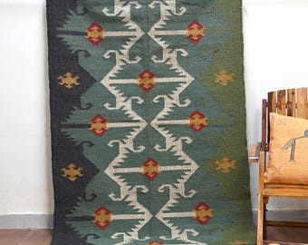 Handwoven Wool Jute Kilim Rug – Traditional Indian Geometric Design