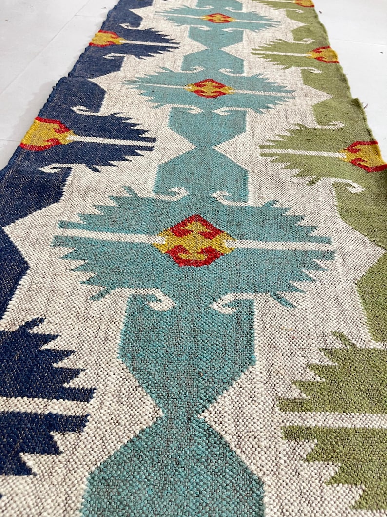 Handwoven Kilim runner Rug - Vintage Handmade Wool Jute Boho Rug Rustic Hallway Runner for Living Room Corridor Carpet Modern Kilim Runner image 2