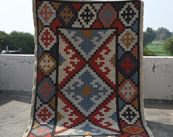 Handgeweven tribal kelimtapijt, veelkleurig geometrisch Azteeks vloerkleed, platgeweven wollen jute vloerkleed, zuidwestelijk boho-tapijt, vloerkleed aangepast formaat