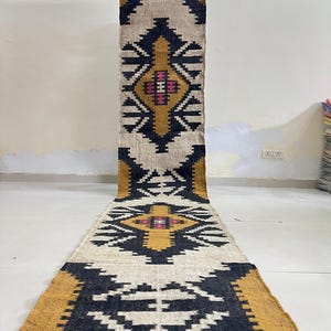 Kilim stair runner - Vintage handmade wool & jute boho hallway carpet, outdoor staircase rug, large bohemian boho Indoor rug