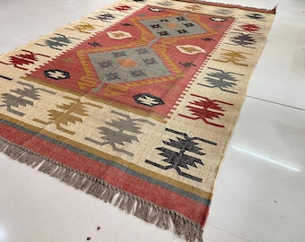Flur-Kelim-Teppich, handgewebt, Wolle und Jute-Teppich handgefertigt, Kelim-Dhurrie-Teppich, traditioneller indischer Jute-Teppich, geometrischer Kelim-Teppich