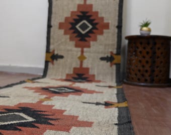 Kilim Runner Rug – Handwoven Geometric Stair Runner, Handmade Jute Wool Hallway Runner, Rustic Southwestern Entryway Kitchen Jute Runner