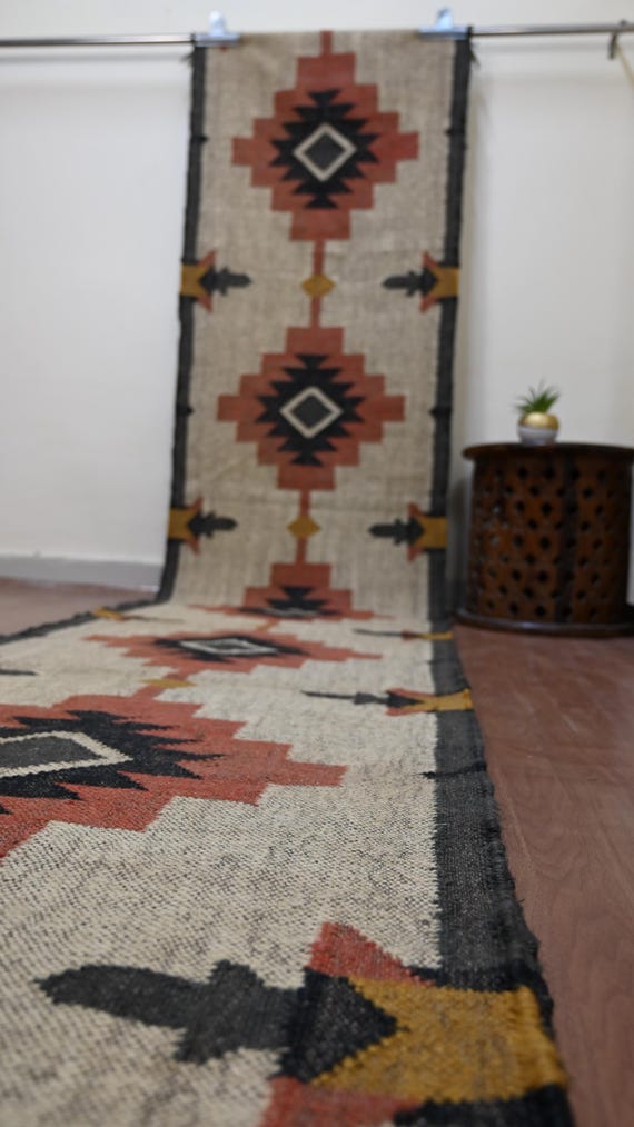 Kilim Runner Rug – Handwoven Geometric Stair Runner, Handmade Jute Wool Hallway Runner, Rustic Southwestern Entryway Kitchen Jute Runner