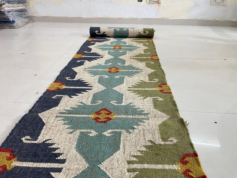 Handwoven Kilim runner Rug - Vintage Handmade Wool Jute Boho Rug Rustic Hallway Runner for Living Room Corridor Carpet Modern Kilim Runner image 5