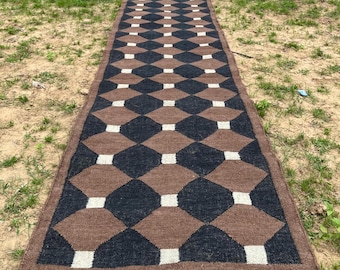 Handwoven Kilim Runner Rug – Geometric Stair Runner, Handmade Jute Wool Hallway Runner, Rustic Southwestern Entryway Kitchen Jute Runner