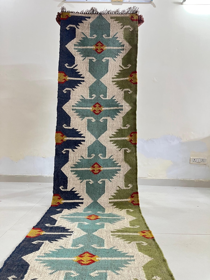 Handwoven Kilim runner Rug - Vintage Handmade Wool Jute Boho Rug Rustic Hallway Runner for Living Room Corridor Carpet Modern Kilim Runner image 1