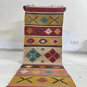 Kilim Stair Runner - Vintage Rustic Home Decor, Handmade Large Jute Hallway Rug, Bohemian Washable Kilim for Indoor or Outdoor Stairs