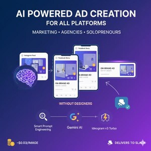 May include: An advertisement for AI-powered ad creation for all platforms. The image shows mockups of phone screens displaying ads, with the text "AI POWERED AD CREATION" and "FOR ALL PLATFORMS". The ad targets marketing, agencies, and solopreneurs.