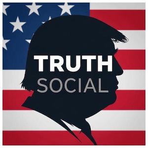 May include: A graphic featuring a black silhouette of a head with the words "TRUTH SOCIAL" in white and gray. The background is the American flag with red and white stripes and white stars on a blue field.