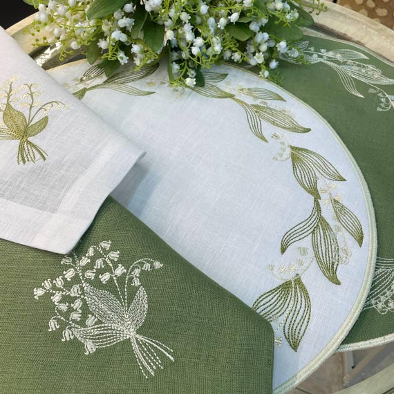 Embroidered Linen Placemat & Napkin Set: Lily of the Valley Wedding Table Decor