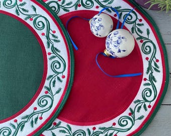 Christmas Dining Table Accent  Handmade Round Placemat Set of 2 Linen Table Decor
