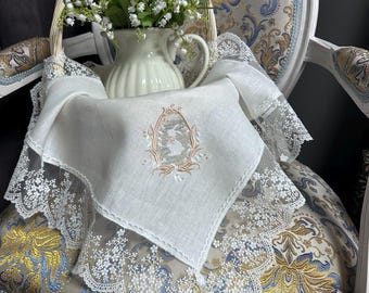 Embroidered Linen Easter Napkin, Lace Easter Basket Cloth