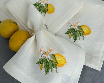 Linen  Embroidered Napkins Lemon Set of 4 6 10 12 Housewarming , Wedding Gift, Luxury Linen Table Decor