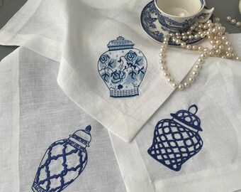 Elegant Chinoiserie Table Decor | White Linen Napkins | Set of 4, 6, 12 | 16.5 inches