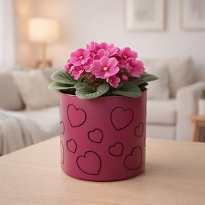 Può includere: Una vivace pianta di violetta africana rosa in un vaso magenta adornato con contorni di cuore neri. La pianta presenta foglie verdi e grappoli di fiori rosa con centri gialli. Il vaso è su una superficie di legno marrone chiaro.