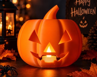Może przedstawiać: Jasnopomarańczowa figurka dyni typu jack-o'-lantern z trójkątnymi oczami i wyszczerbionymi ustami. W środkowym otworze umieszczono małą, zasilaną bateryjnie białą świeczkę typu tealight, która emituje ciepłe światło z wnętrza wydrążonej dyni.